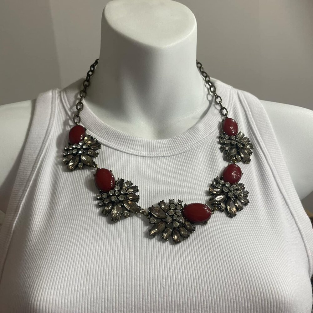 Gun Metal Tone Rhinestone Statement Bib Necklace